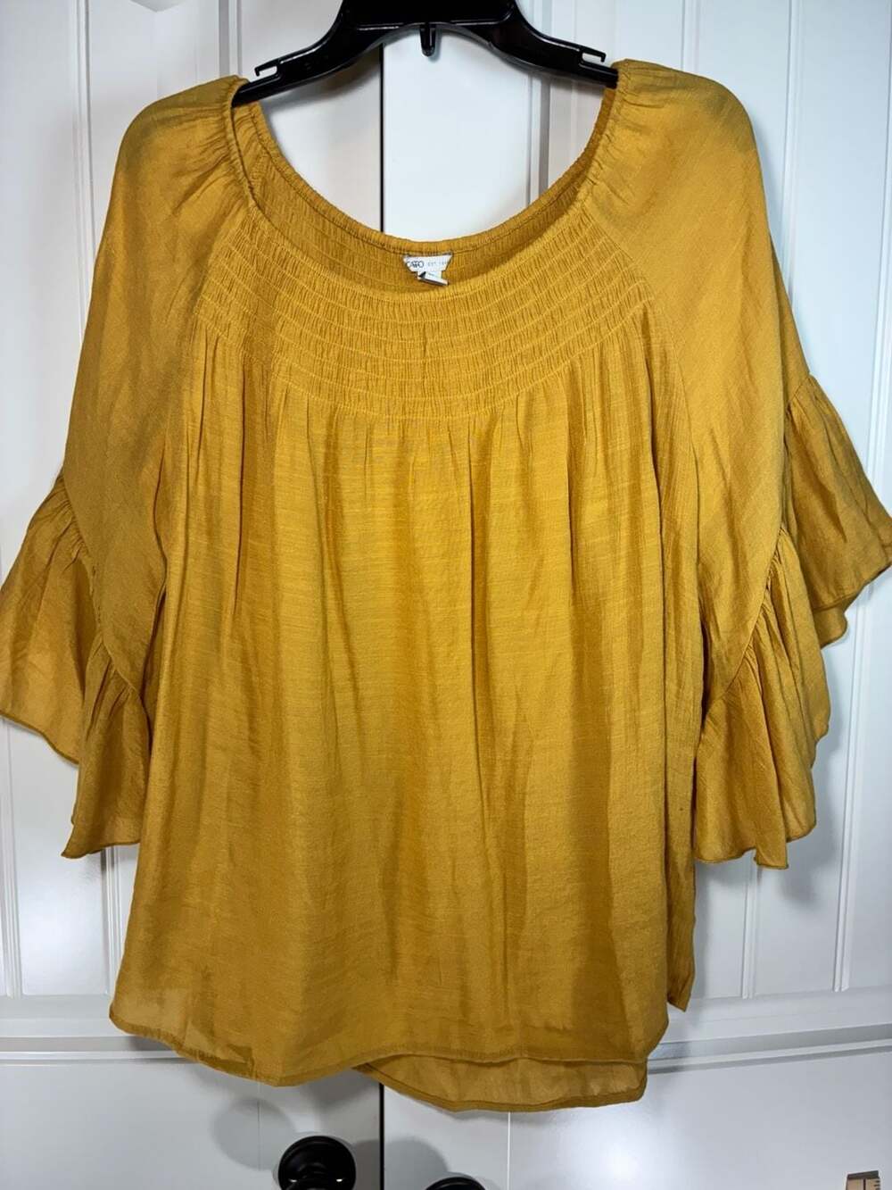 Cato Boho Blouse Size L Yellow Ruffle Sleeve Smocked Peasant Top
